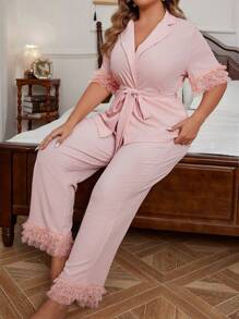 2pcs Plus Size Lace Patchwork Jacquard Kimono Robe And Straight Leg Pajama Pants Set - Pink - View 1