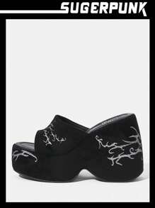 Sugerpunk 女士户外圆头粗跟厚底时尚简约纯黑色一脚蹬凉鞋夏季度假鞋夏季促销 Y2k 朋克潮流酷街头运动万圣节圣诞节秋季 - 黑色 - 查看 5