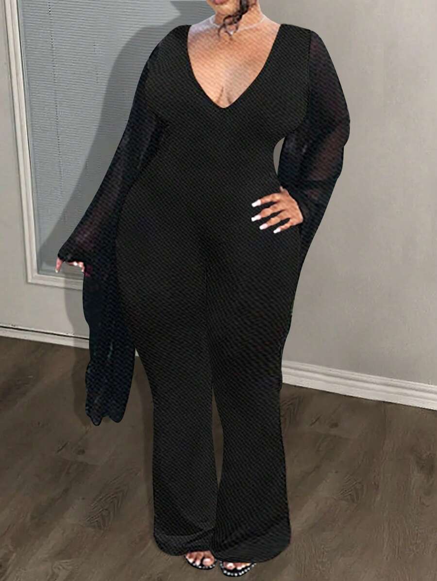 Slaydiva Women's Black Deep V-Neck Bodycon Jumpsuit
