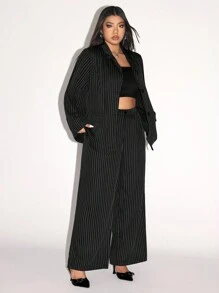 SHEIN ICON Plus Striped Minimalist Silhouette Suit Jacket And Pants - Black and White - View 5