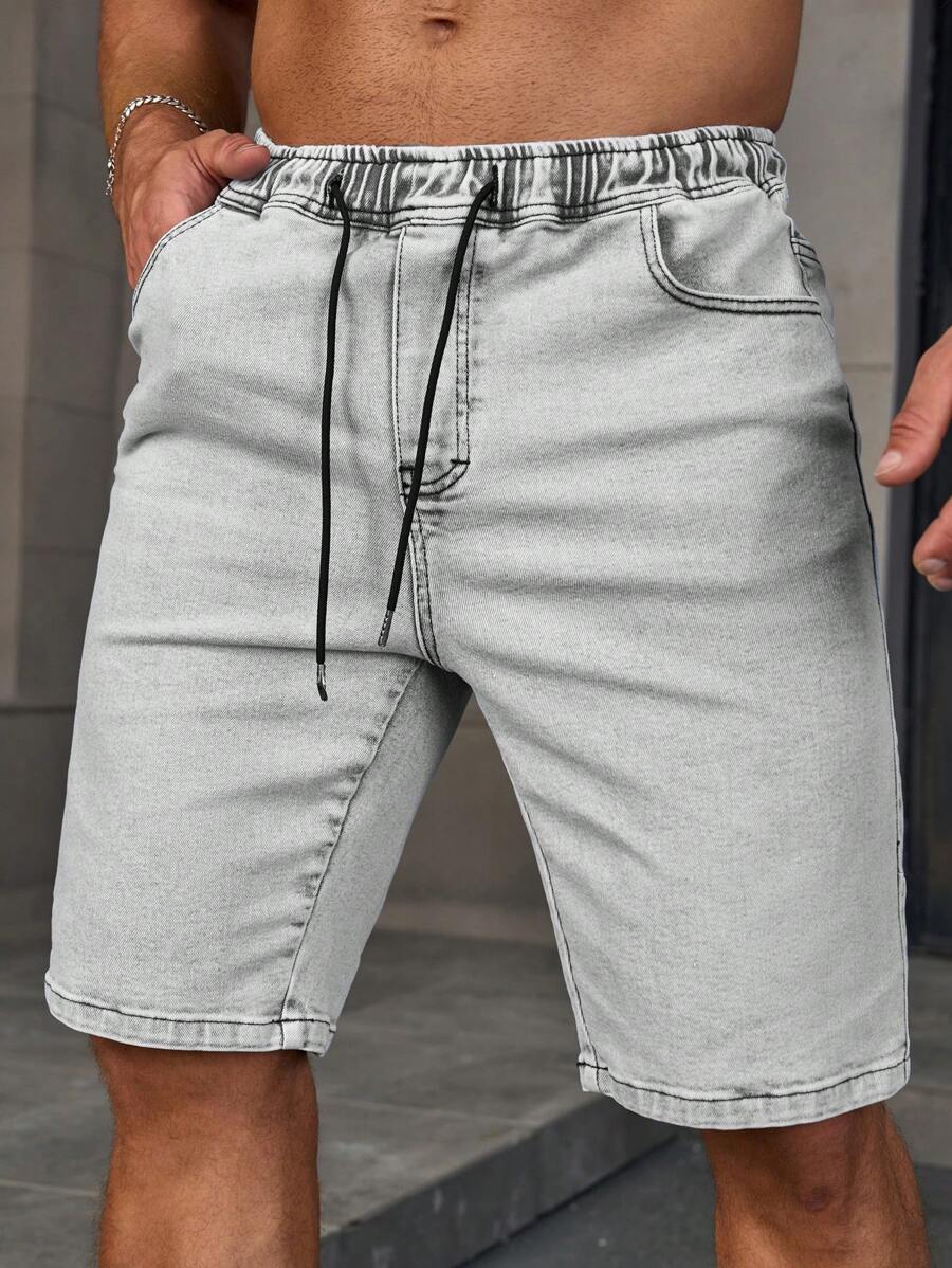 Manfinity Homme 男士抽绳口袋时尚日常休闲牛仔短裤 - 灰色 - 查看 1