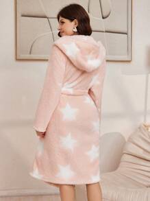 Star Print With Pockets Flannel Hooded Belted Robe For Women, For Fall Winter, Fluffy, Cozy - Baby Pink - View 2