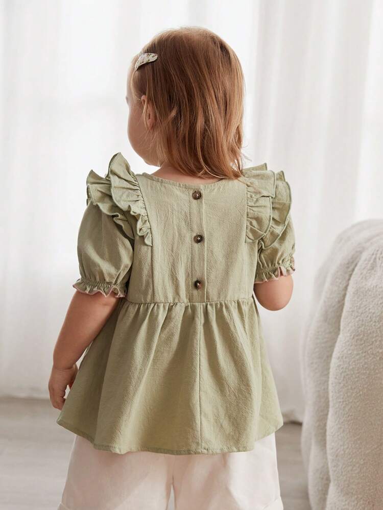 Baby Girl Floral Pattern Round Neck Top With Ruffle Trim And Tassel Decoration