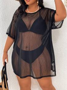 Swim Lushoire Plus Size Solid Color Crew Neck Short Sleeve Sheer Cover-Up, Casual Beach Wear Summer - Black - View 4