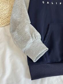 SHEIN Teen Girls Knitted Color Block Loose Casual English Logo Graphic Sweatshirt With Pockets - Multicolor - View 9