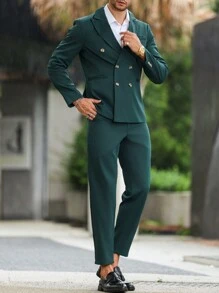 Manfinity Mode Men's Double-Breasted Suit Coat And Pants Set - Dark Green - View 5