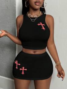 Slaydiva 2025夏季休闲圆领无袖短款背心紧身迷你短裤粉色十字印花白色罗纹女两件套-H - 黑色 - 查看 7