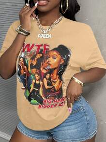 Slaydiva Casual Chic Simple All-Match Sexy Slim Graphic Print Crew Neck Loose Crop Top T-Shirt For Women, Summer - Camel - View 3