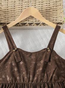 SHEIN Jumpsuit Kasual Saku Kargo Motif Bunga untuk Anak Perempuan Remaja, Musim Panas - Coffee Brown - View 3