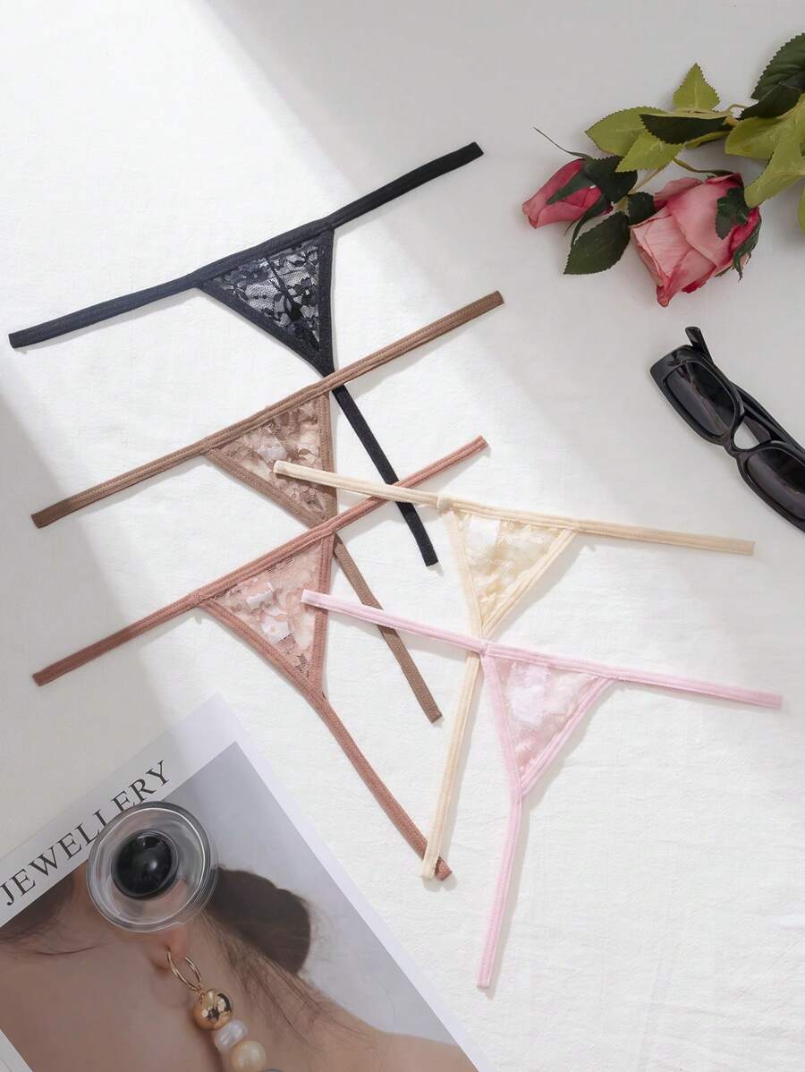 SHEIN 5件套女士性感撞色蕾丝丁字裤套装内衣 - 彩色 - 查看 1