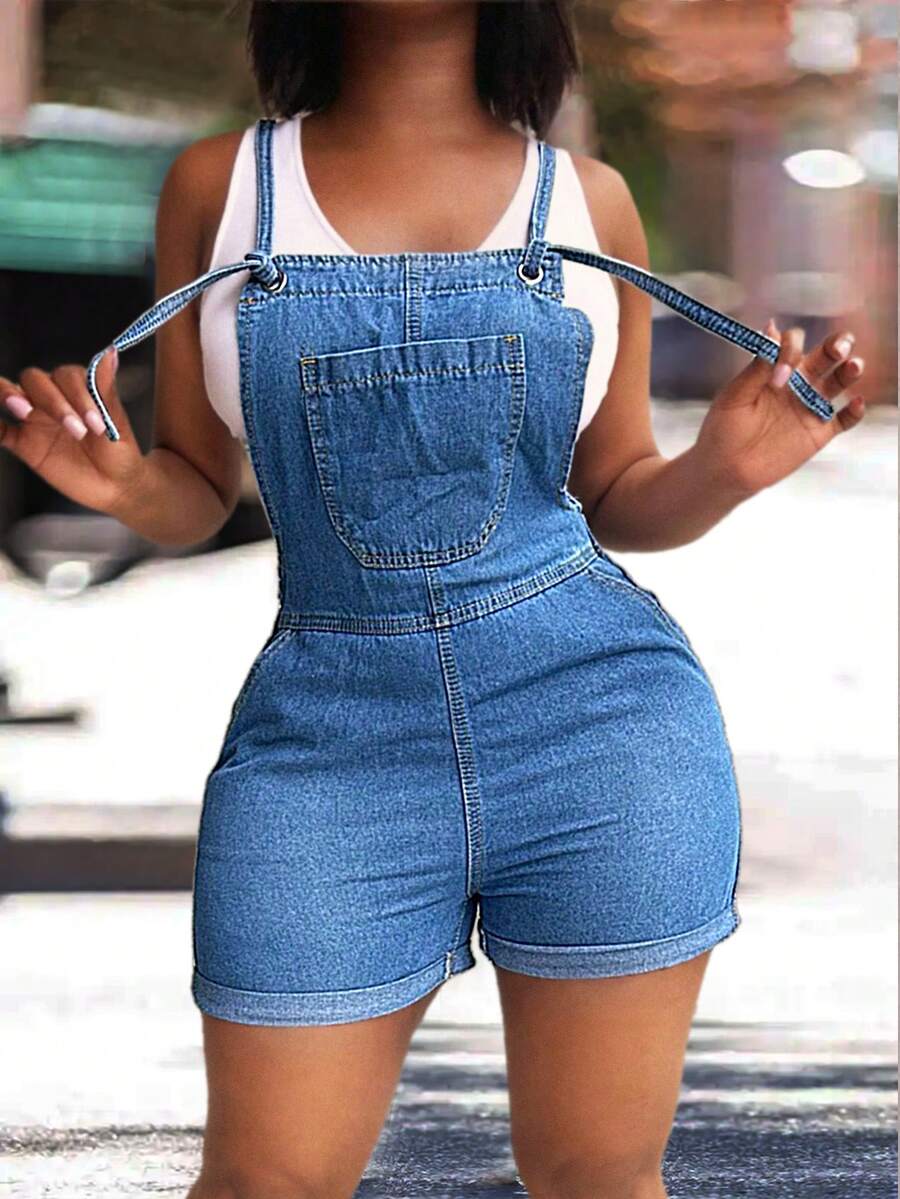 Roll Up Hem Denim Overall Romper Without Tank Top - Medium Wash - View 1