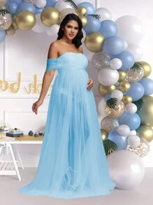 孕婦背心裙，蕾絲和網眼布料，適用於拍攝孕照和慶祝嬰兒派對 - 淺藍色 - 查看 7