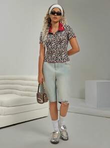 VARSITIE Retro Style Golf Leopard Print Contrast Collar Edge Slim Women Tees & Tanks - Brown - View 4