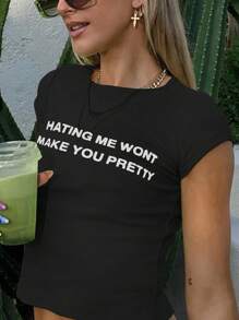 SHEIN Women Contrasting Letter Print Round Neck Short Sleeve T-Shirt Graphic Tees Women Tops - Black - View 5
