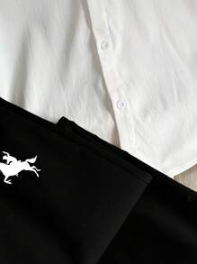 SHEIN Tween Boy July 4th Boys Back To School Season Pattern Lapel Short-Sleeved Shirt Belt Trousers Gentleman Suit Two-Piece Suit Suitable For Commuting To School Daily Leisure College Travel Suitable For Sports Suitable For Spring And Summer Seasons