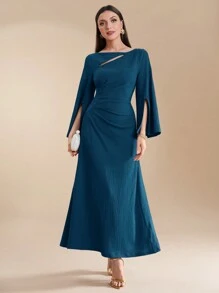 Modelyn Women's Asymmetric Neck Long Sleeve Split Ruched Elegant Arabic Style Dress - Teal Blue - View 7