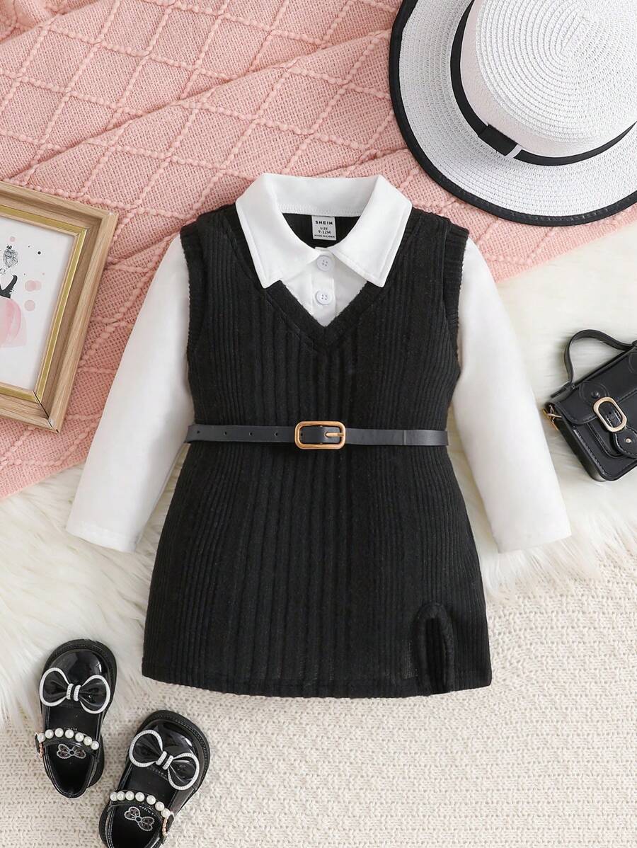 1pc Baby Girls Urban Style Textured Knit Sleeveless 2 In 1 Long Sleeve Dress, Suitable For Casual Wear In Autumn/Winter - Black and White - View 1