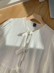 Comfortcana Women's New Linen-Textured Puff-Sleeved Lace-Up Round-Neck Doll-Shaped Shirt, Suitable For Daily Wear, Best-Selling Style - White - View 5