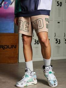 Gym Rark Boyfriend Style Men's Front Tie Letter Print Pocket Shorts Casual Vacation School Sweat Pants - Khaki - View 5