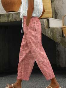 Women All Over Print Drawstring Casual Pocket Long Pants - Red - View 1