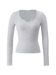 Vaiaye 女士纯色 V 领长袖修身 T 恤，运动上衣，适合情人节穿着