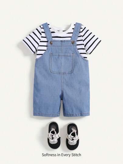 Cozy Pixies 2pcs Baby Boy Striped T-Shirt And Denim Effect Overalls Set