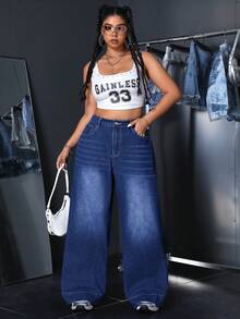SHEIN ICON Jeans anchos de uso diario casual de talla grande - Azul lavado oscuro - Ver 5
