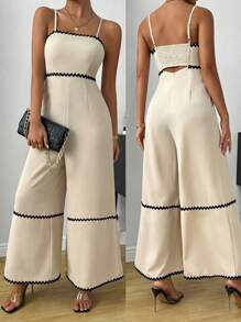 Chiquease Contrast Trim Wide Leg Cami Jumpsuit For Summer - Apricot - View 1