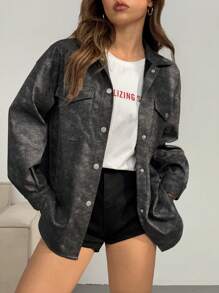 SHEIN EZwear 仿旧牛仔效果纹理超大皮夹克，秋冬 - 黑色 - 查看 3