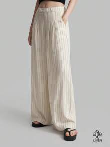 Ontre Women's Casual Striped Wide-Leg Suit Pants, Spring Summer Autumn Back To School Clothing - Apricot - View 1