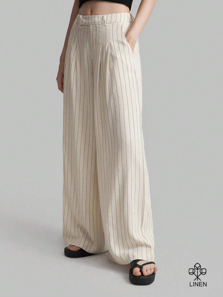 Ontre Women's Casual Striped Wide-Leg Suit Pants, Spring Summer Autumn Back To School Clothing - Apricot - View 1