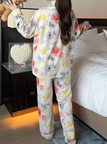 女士彩色长袖上衣和裤子睡衣套装（2件套），春秋季，两件套，秋冬服装