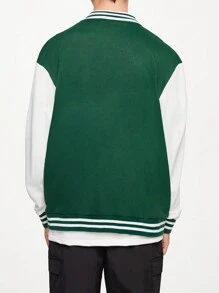 Manfinity Hypemode Men Letter Graphic Striped Trim Drop Shoulder Varsity Jacket - Green - View 2