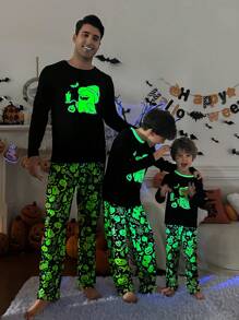 SHEIN Young Boys Halloween Cartoon Pattern Long Sleeve Knitted Sleepwear Set, Flame Retardant, 2pcs Pajama Set (3 Sets Sold Separately, Daddy & Me Matching Outfits)