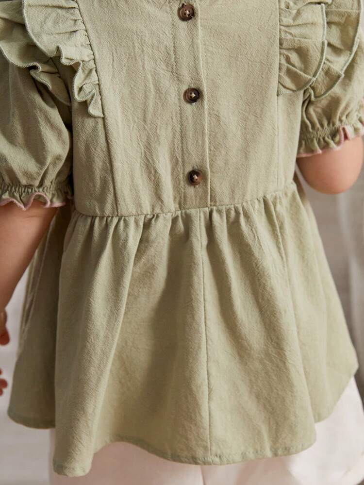 Baby Girl Floral Pattern Round Neck Top With Ruffle Trim And Tassel Decoration