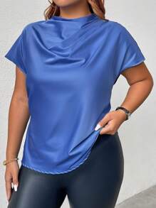 SHEIN Unity 夏季大码休闲纯色褶皱衬衫 - 藍色 - 查看 5