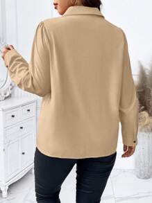 Elenzga 大码休闲纯色长袖衬衫，春秋 - 卡其色 - 查看 2