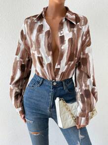 Chiquease Áo sơ mi dài tay trễ vai in hình ngẫu nhiên dành cho trường học - Màu Khaki - Xem 4