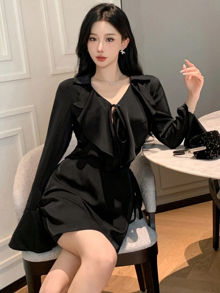 2pcs Women's Solid Color Long Sleeve Elegant Flounce Summer Outfit Set,Ruffle