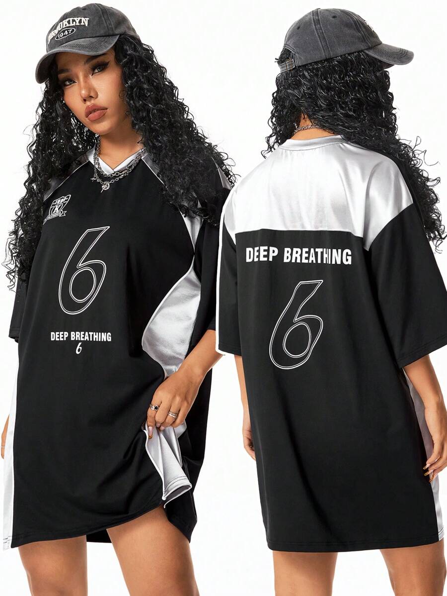 SHEIN EZwear Damen Lässiges T-Shirt Kleid mit Kontrastfarben Patchwork und Drop Shoulder Ärmeln - Verschiedenfarbig - Übersicht 1