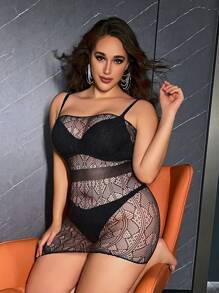 Allurite Conjunto de lencería sexy de talla grande, vestido mini ajustado sin espalda de encaje tipo bandeau