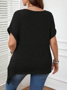 SHEIN LUNE Plus Size Round Neck Solid Color Asymmetric Hem Short Sleeve T-Shirt - Black - View 2
