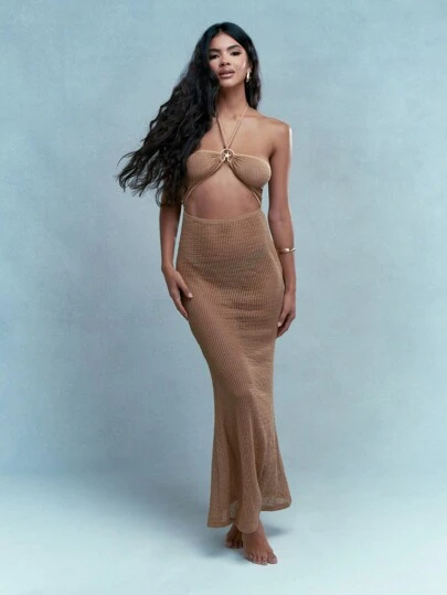 MISSGUIDED Metal Detail Halter Neck Sheer Knit Cut Out Backless Maxi Dress MISSGUIDED