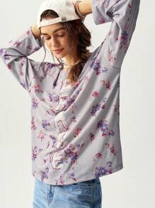 Bohemela Women's Long Sleeve T-Shirt With Ditsy Floral Pattern, For Vacation/Fall - Grey - View 7