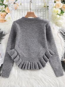 Tween Girl Crew Neck Long Sleeve Ruffle Trim Solid Cute Knit Sweater - Grey - View 2