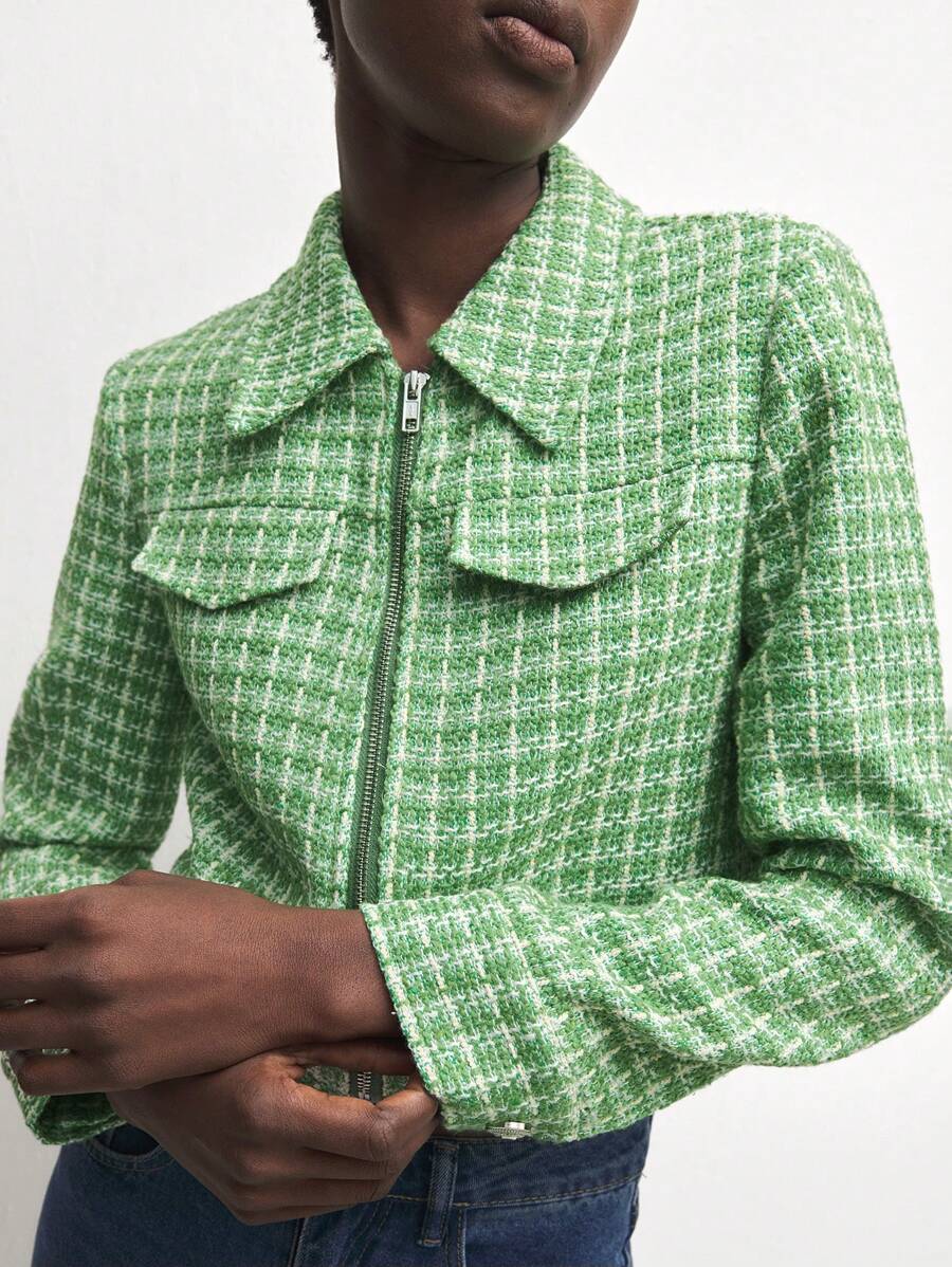 BizChic White & Green Plaid Print Tweed Turndown Collar Zip Up Long Sleeve Jacket - Green - View 1
