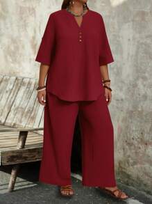 EMERY ROSE 2pcs Set Plus Size Solid V-Neck Mid Long Sleeve Simple Top And Pants - Burgundy - View 4