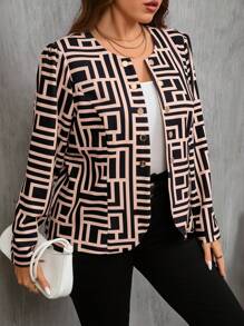 SHEIN Clasi Plus Size Button Geometric Print Long Sleeve Stylish Street Fashion Jacket - Brown - View 3