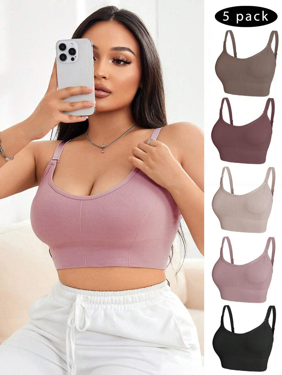 SHEIN 5 chiếc áo lót màu trơn không dây thoải mái dành cho nữ cỡ lớn - Nhiều màu - Xem 1