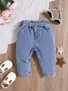 SHEIN 女婴蓝色牛仔宽松胡萝卜裤，女婴秋装，可爱蝴蝶结牛仔裤 - 淺色水洗藍 - 查看 7